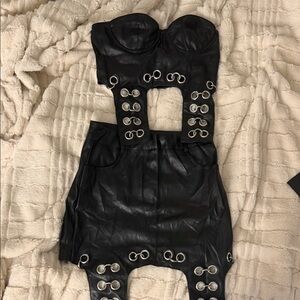 Fashion Nova Black Leather Skirt Set with Silver Accents